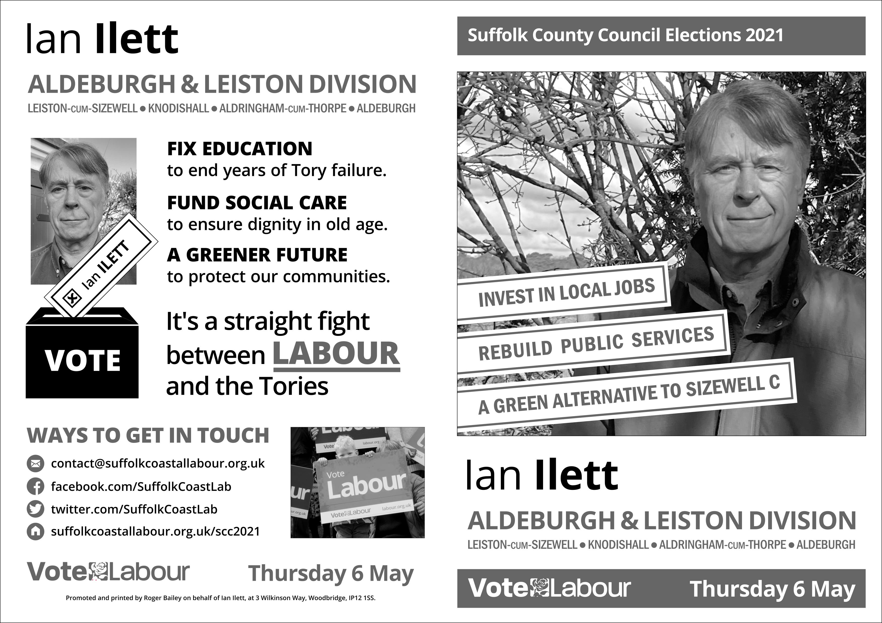 Ian Ilett supplementary election leaflet Aldeburgh and Leiston division - front and back pages